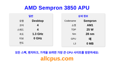 AMD Sempron 3850 APU CPU 사양과 벤치마크