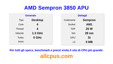 AMD Sempron 3850 APU Specifiche e benchmark della CPU