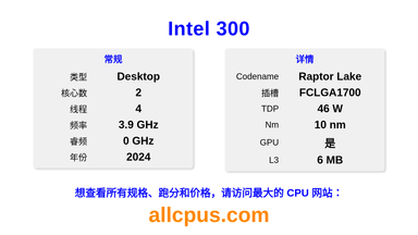 Intel 300 CPU 规格和跑分