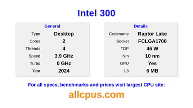 Intel 300 CPU Specifications and Benchmark