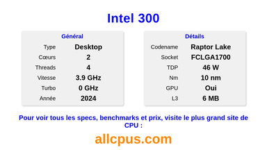 Intel 300 Spécifications et benchmarks du CPU