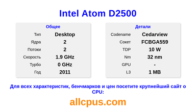 Intel Atom D2500 Характеристики и бенчмарки CPU