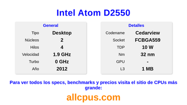 Intel Atom D2550 Especificaciones y benchmarks de la CPU