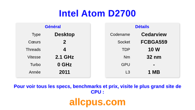 Intel Atom D2700 Spécifications et benchmarks du CPU