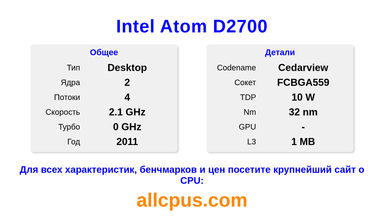 Intel Atom D2700 Характеристики и бенчмарки CPU