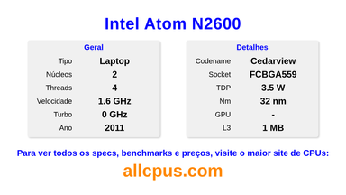 Intel Atom N2600 Especificações e benchmarks da CPU