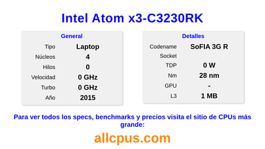 Intel Atom x3-C3230RK Especificaciones y benchmarks de la CPU
