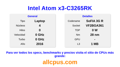 Intel Atom x3-C3265RK Especificaciones y benchmarks de la CPU
