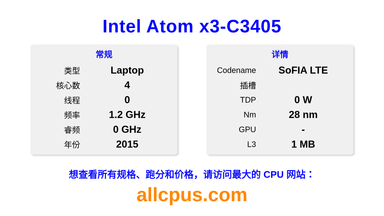 Intel Atom x3-C3405 CPU 规格和跑分