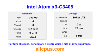 Intel Atom x3-C3405 Specifiche e benchmark della CPU