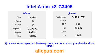 Intel Atom x3-C3405 Характеристики и бенчмарки CPU