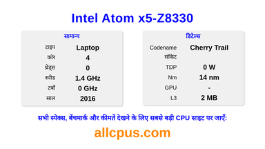 Intel Atom x5-Z8330 CPU की स्पेसिफिकेशन और बेंचमार्क
