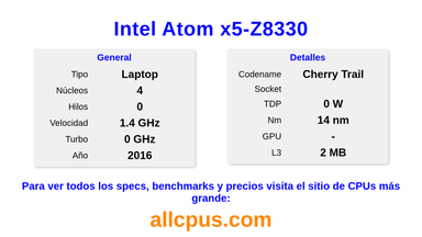 Intel Atom x5-Z8330 Especificaciones y benchmarks de la CPU