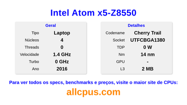 Intel Atom x5-Z8550 Especificações e benchmarks da CPU