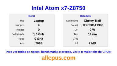 Intel Atom x7-Z8750 Especificações e benchmarks da CPU