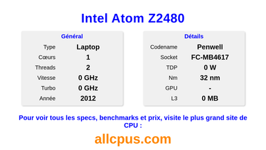 Intel Atom Z2480 Spécifications et benchmarks du CPU