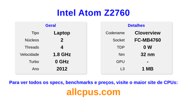 Intel Atom Z2760 Especificações e benchmarks da CPU