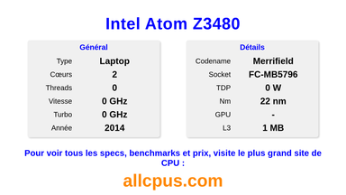 Intel Atom Z3480 Spécifications et benchmarks du CPU