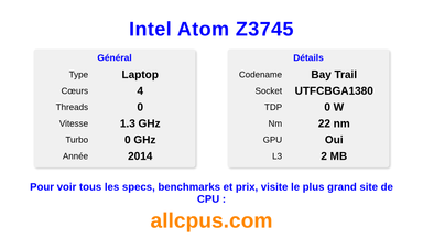 Intel Atom Z3745 Spécifications et benchmarks du CPU