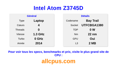 Intel Atom Z3745D Spécifications et benchmarks du CPU