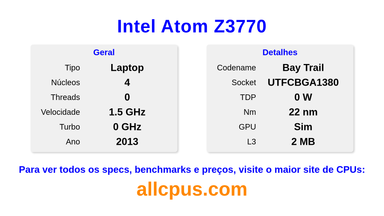 Intel Atom Z3770 Especificações e benchmarks da CPU