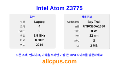 Intel Atom Z3775 CPU 사양과 벤치마크