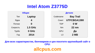 Intel Atom Z3775D Характеристики и бенчмарки CPU