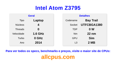Intel Atom Z3795 Especificações e benchmarks da CPU