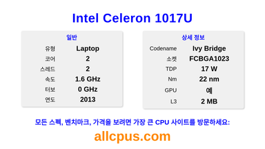 Intel Celeron 1017U CPU 사양과 벤치마크