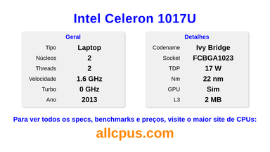 Intel Celeron 1017U Especificações e benchmarks da CPU