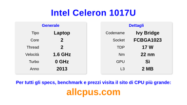 Intel Celeron 1017U Specifiche e benchmark della CPU