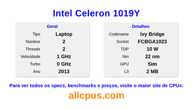 Intel Celeron 1019Y Especificações e benchmarks da CPU