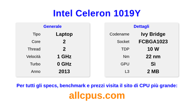 Intel Celeron 1019Y Specifiche e benchmark della CPU