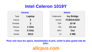 Intel Celeron 1019Y Spécifications et benchmarks du CPU