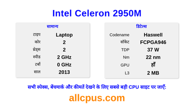 Intel Celeron 2950M CPU की स्पेसिफिकेशन और बेंचमार्क
