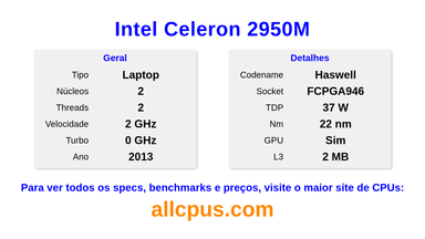 Intel Celeron 2950M Especificações e benchmarks da CPU