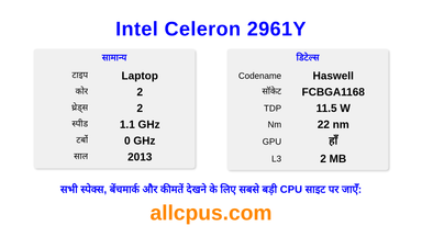 Intel Celeron 2961Y CPU की स्पेसिफिकेशन और बेंचमार्क