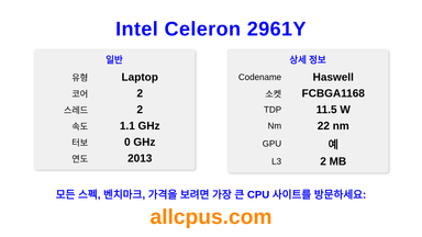 Intel Celeron 2961Y CPU 사양과 벤치마크
