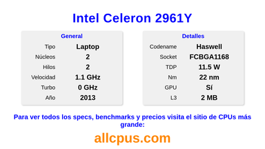 Intel Celeron 2961Y Especificaciones y benchmarks de la CPU