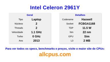 Intel Celeron 2961Y Especificações e benchmarks da CPU