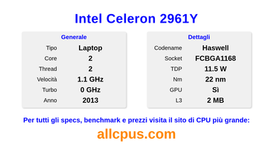 Intel Celeron 2961Y Specifiche e benchmark della CPU