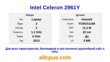 Intel Celeron 2961Y Характеристики и бенчмарки CPU