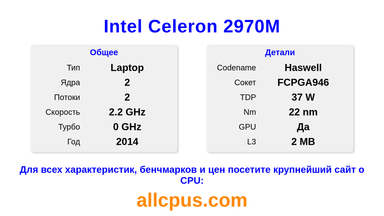 Intel Celeron 2970M Характеристики и бенчмарки CPU