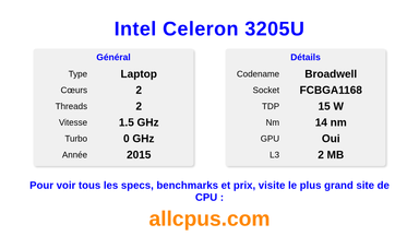 Intel Celeron 3205U Spécifications et benchmarks du CPU