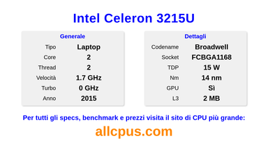 Intel Celeron 3215U Specifiche e benchmark della CPU