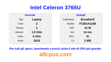 Intel Celeron 3765U Specifiche e benchmark della CPU