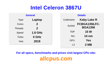 Intel Celeron 3867U CPU Specifications and Benchmark