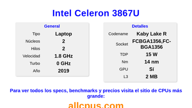 Intel Celeron 3867U Especificaciones y benchmarks de la CPU