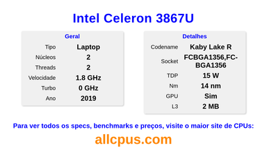 Intel Celeron 3867U Especificações e benchmarks da CPU