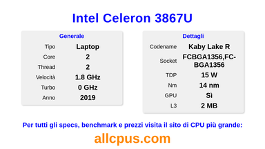 Intel Celeron 3867U Specifiche e benchmark della CPU